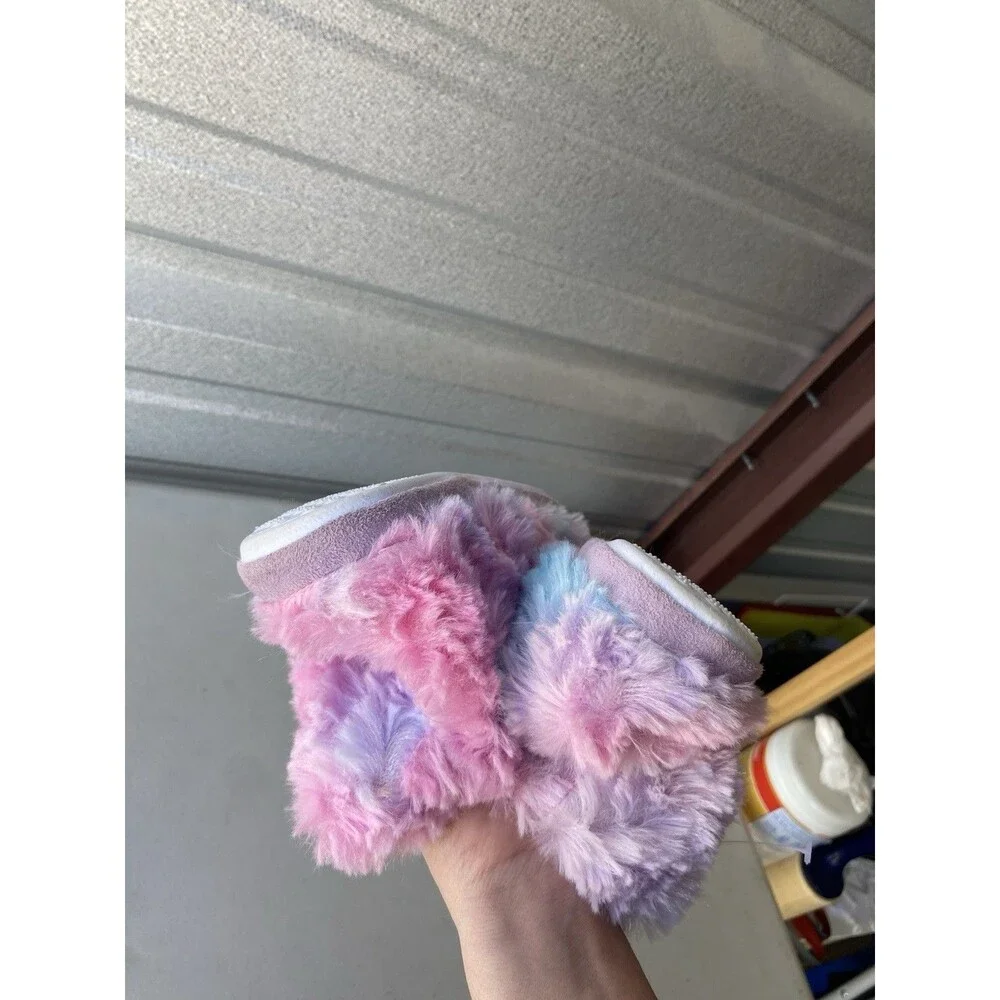 Tie Dye Faux Fur Slipper Booties Pink Purple Blue Big Kids Youth Size 4/5